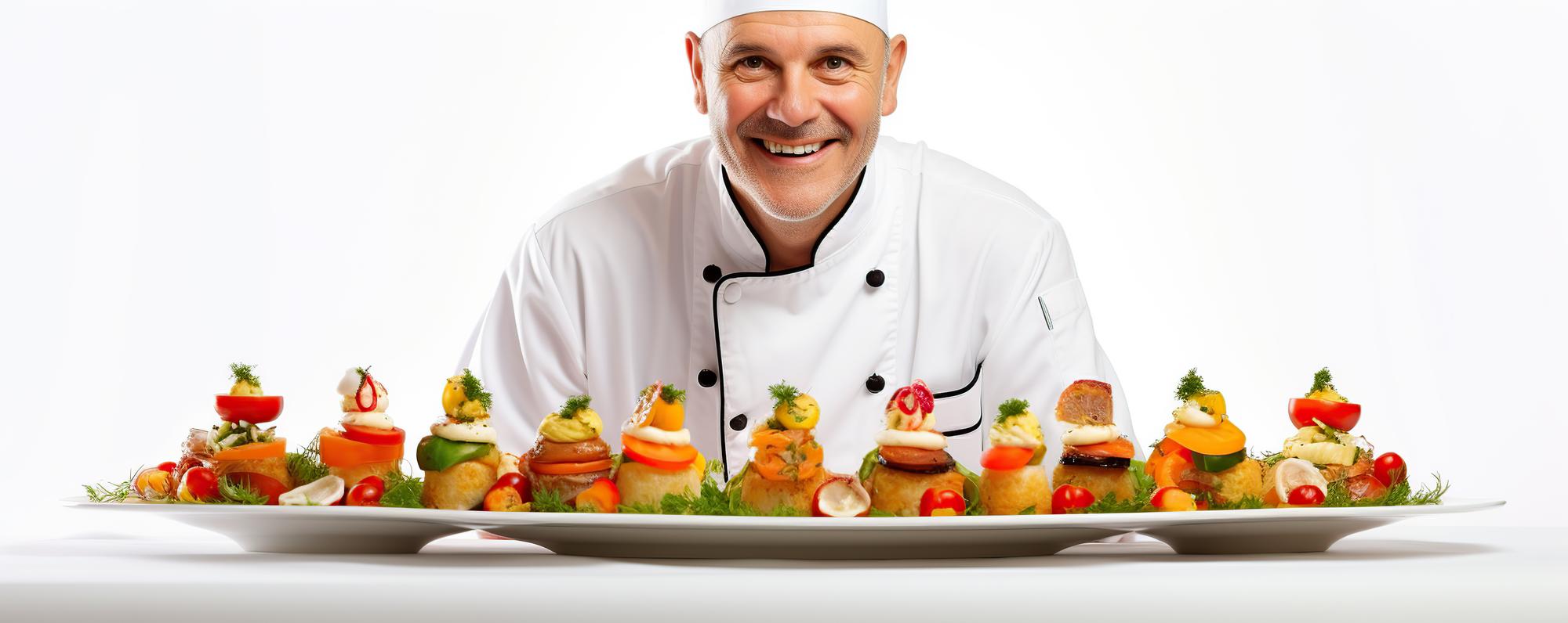Chef sorridente che mostra un piatto colorato